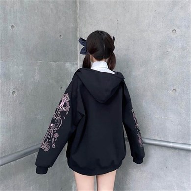 Harajuku Kawaii Pastel Gothic Siyah Kalın Pamuklu (Unisex) Fermuarlı Kapşonlu
