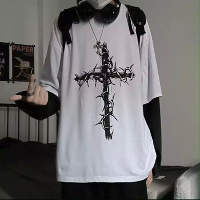 Siyah Kollu Cross Beyaz Oversize Tshirt
