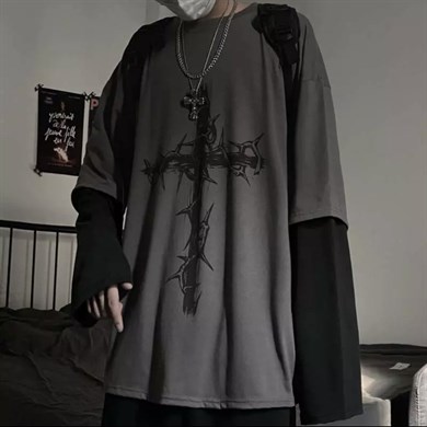 Siyah Kollu Cross Füme Oversize Tshirt